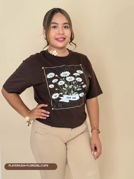 PLAYERA264-FLORESBL/CAFE